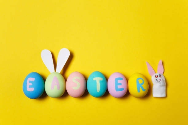 istock Row of colorful pastel monophonic painted Easter eggs with inscription Easter, fun bunny ears on egg, white rabbit on yellow background. Copy space for advertisement. With place for text. Top view. 907962938
