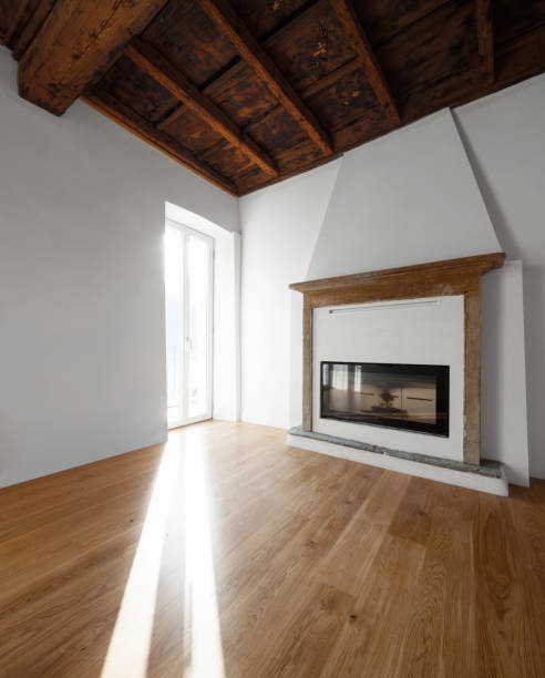 istock Living room with windows overlooking the lake. Fireplace. 907964908