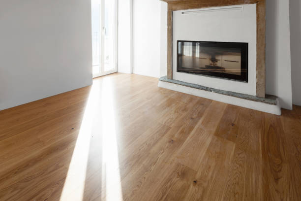 istock Living room with windows overlooking the lake. Fireplace. 907965084