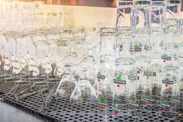 Empty glasses for beer alcohol and soft drinks in Bar, Russia, Moscow. January 13, 2018