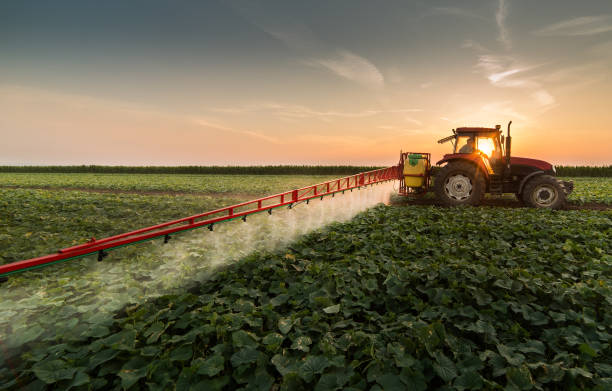 traktor sprühen pestizide auf pflanzlichen bereich mit sprayer im frühling - agrarland stock-fotos und bilder
