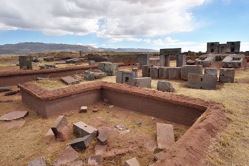 Ruins of Pumapunku or Puma Punku, part of a large temple complex or monument group that is part of the Tiwanaku Site near Tiwanaku, Bolivia