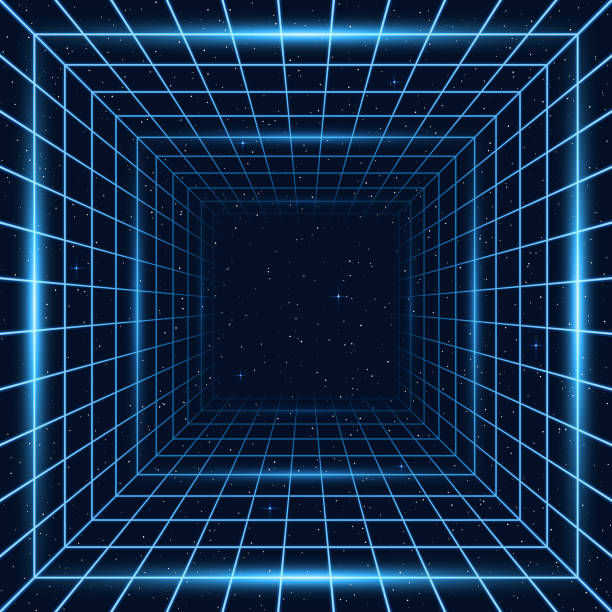 Retro 80s Background A retro-futuristic style background, emulating science fiction movies from the 1980s. This design features a three-dimensional square tunnel with glowing grid lines on all sides disappearing into space. With the current revival of 80s design styles, this is an ideal design element for your 80s themed party, poster or design project. All elements of this vector illustration are grouped onto clearly labelled layers within the EPS10 file making it easy for you to edit and customize to suit your needs. cube shape illustrations stock illustrations