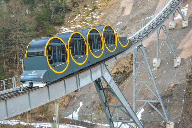 Stoos, Switzerland - January 2018 - Newly opened funicular to Stoos in Switzerland is the steepest funicular in the world. It reaches maximum gradient of 110 percent