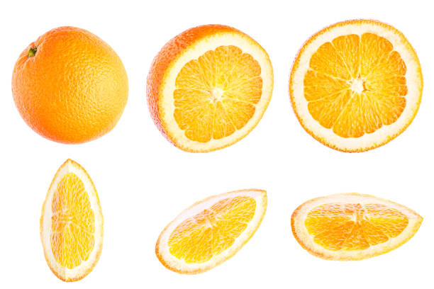 istock Slice of orange, citrus fruit, isolated on white background, top view, flat image 907967792