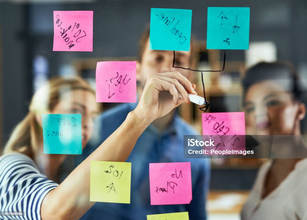 Fueled by innovation Shot of a group of colleagues having a brainstorming session in a modern office Mind Map Stock Photo