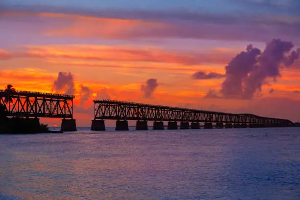 Florida Keys old bridge sunset at Bahia Honda Park in USA