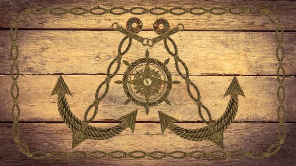 istock Compass anchor steering wheel on wood 907972384