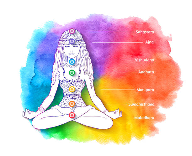 ilustrações, clipart, desenhos animados e ícones de jovem mulher sentada na posição de lótus e meditando - vishuddha