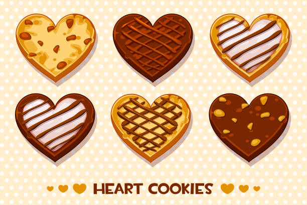 illustrazioni stock, clip art, cartoni animati e icone di tendenza di pan di zenzero a forma di cuore e biscotti al cioccolato, set happy valentines day - dried food food backgrounds food and drink food