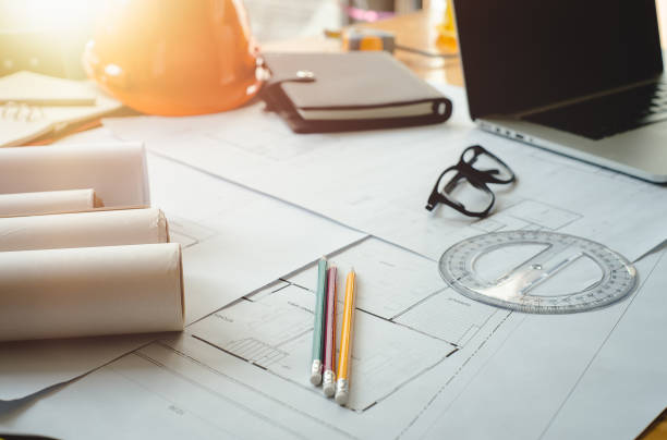 concepto de arquitecto. - drawing compass machine part engineering plan fotografías e imágenes de stock