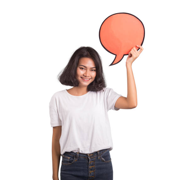 istock Beautiful asian woman with speak bubble on white background 907992820