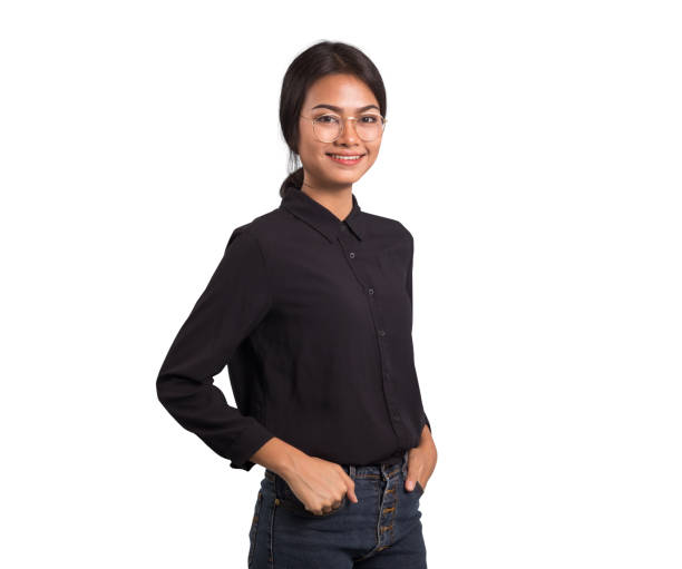 istock Beautiful thai woman with glasses on white background 907992976