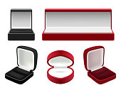Vector set of empty red and black velvet opened jewelry boxes