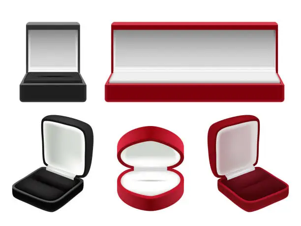 Vector illustration of Vector set of empty red and black velvet opened jewelry boxes