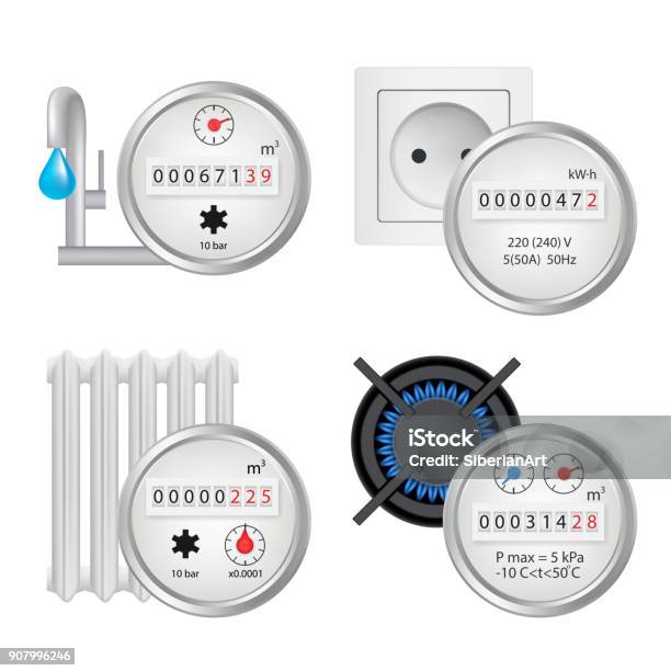 Ilustración de Medidor De Conjunto De Iconos Vector Ilustración Realista y más Vectores Libres de Derechos de Amperímetro
