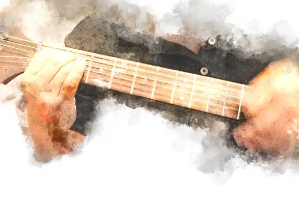 Photo of Abstract beautiful playing Guitar in the foreground on Watercolor painting background and Digital illustration brush to art.