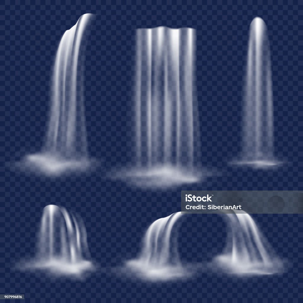 Vector realistic waterfall set Realistic waterfall set. Vector illustration of falling water streams isolated on transparent background. Waterfall stock vector