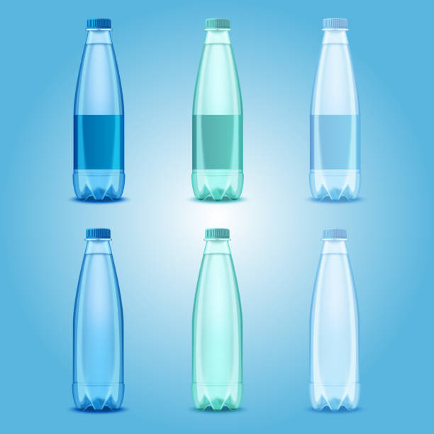 Vector realistic plastic drinking water bottles set Water bottles set. Vector realistic transparent plastic bottles with mineral water templates mockups. volume fluid capacity stock illustrations