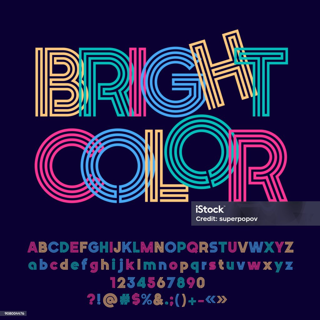 Vector colorful symbol with text Bright Color. Vector Alphabet letters, Numbers and Punctuation Symbols Typescript stock vector