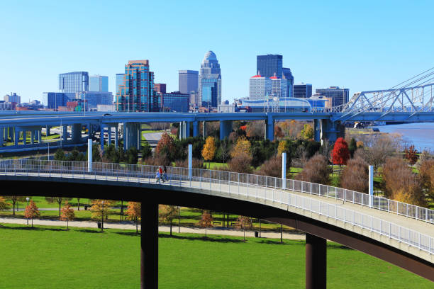 Louisville, Kentucky skyline with pedestrian walkway in front The Louisville, Kentucky skyline with pedestrian walkway in front louisville kentucky stock pictures, royalty-free photos & images
