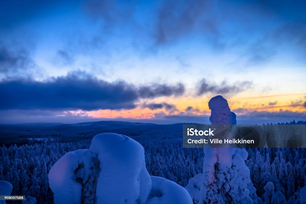 Winter sunset landscape from Sotkamo, Finland. Beauty Stock Photo