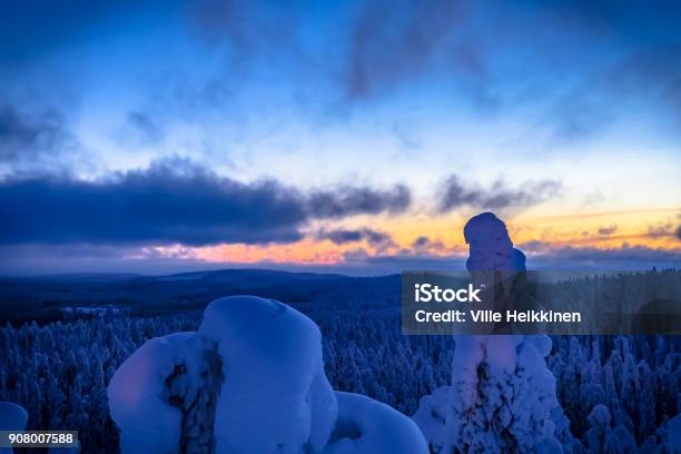 Winter Sunset Landscape From Sotkamo Finland Stock Photo - Download Image Now - Beauty, Blue, Christmas