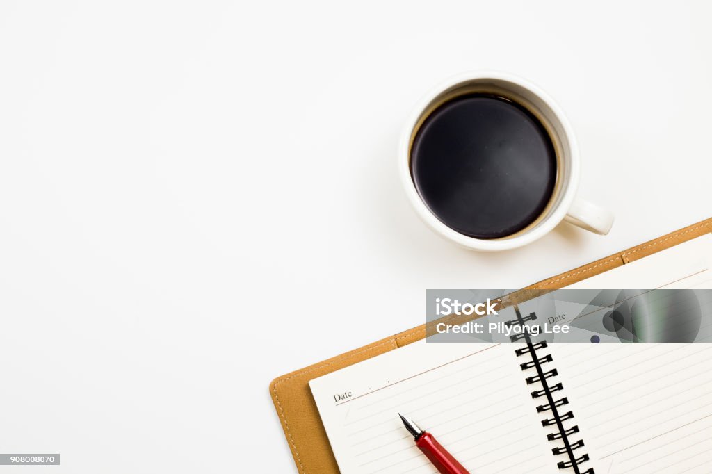 Notes with coffee Note on white background, Note for designer, paper pen on white background. Personal Organizer Stock Photo