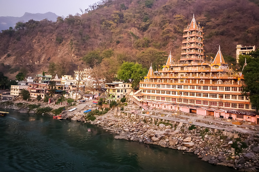 Beautiful view of Ganga river embankment, Tera Manzil Temple, Trimbakeshwar in Rishikesh