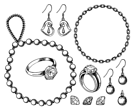 Bijouterie set vector ink hand drawn illustration isolated on white background. Ring, necklace, earrings, pendant, bracelet doodle jewelry collection.