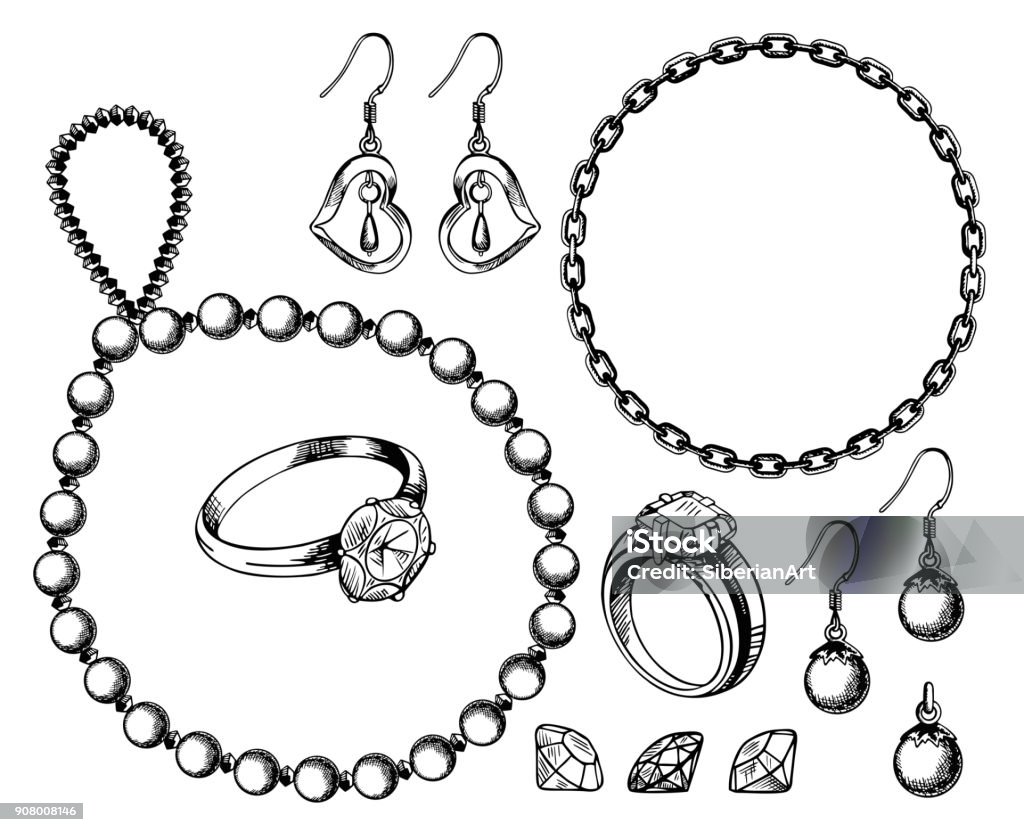 Bijouterie set vector hand drawn illustration Bijouterie set vector ink hand drawn illustration isolated on white background. Ring, necklace, earrings, pendant, bracelet doodle jewelry collection. Jewelry stock vector