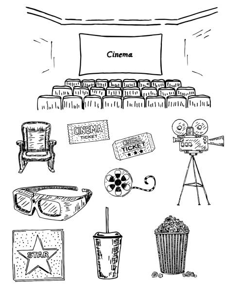 Cinema set vector ink hand drawn illustration Cinema vector hand drawn decorative symbols set with screen, seats, movie camera, chair, film reel, popcorn, 3D glasses, cola, tickets. Sketch illustration isolated on white background. doodle stock illustrations