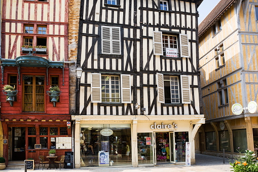 TROYES, FRANCE - JUNE 29, 2010: old half-timbered houses on Rue Emile Zola in Troyes city. Troyes is the capital of the Aube department in Champagne region of Northern France