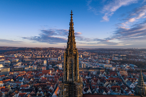 Ulm, Germany - March 11, 2017 - Aerial shot taken with a drone of Ulm Minster at sunrise
