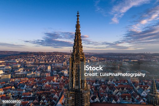 istock Aerial shot taken with a drone of Ulm Minster at sunrise 908008930