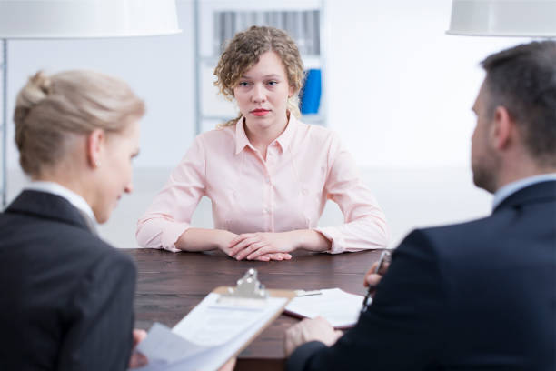 stressed young girl and recruiters - emotional stress looking group of people clothing imagens e fotografias de stock