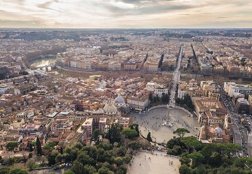Cityscape of Rome. Aerial view of Piazza del Popolo and Tiber river