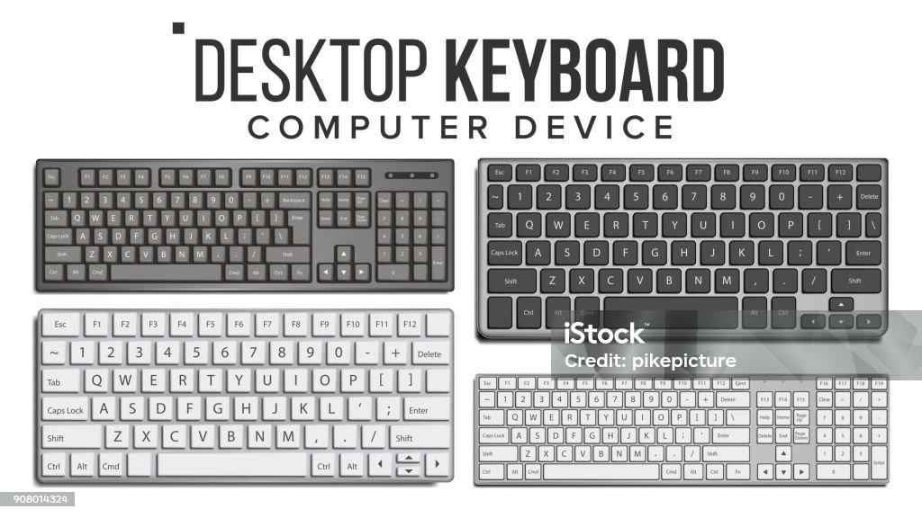 Desktop Keyboard Set Vector. Wireless Modern Plastic Tool. Top View. Isolated On White Illustration Desktop Keyboard Vector. 3D Realistic Classic Computer Keyboard Mockup. Isolated On White Illustration Keypad stock vector