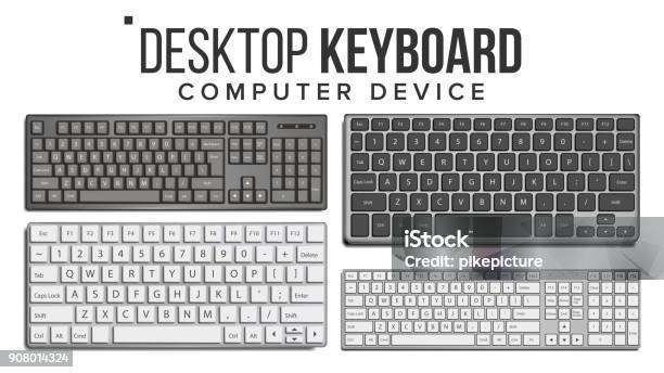 Desktop Keyboard Set Vector Wireless Modern Plastic Tool Top View Isolated On White Illustration Stock Illustration - Download Image Now