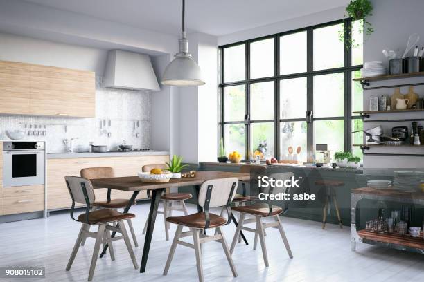 Loft Kitchen Stock Photo - Download Image Now - Kitchen, Chair, Dining Table