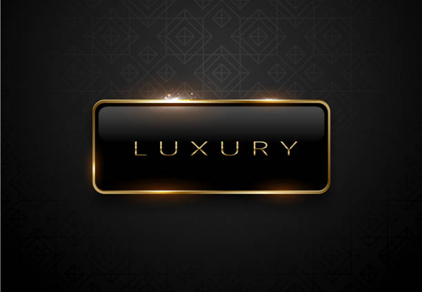 Luxury black label with golden frame sparks on black background. Dark premium logo template. Vector illustration. Luxury frames gold metal borders stock illustrations