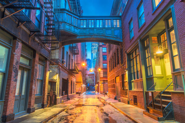 New York City Alleyways Alley in the Tribeca neighborhood in New York City. facade store old built structure stock pictures, royalty-free photos & images