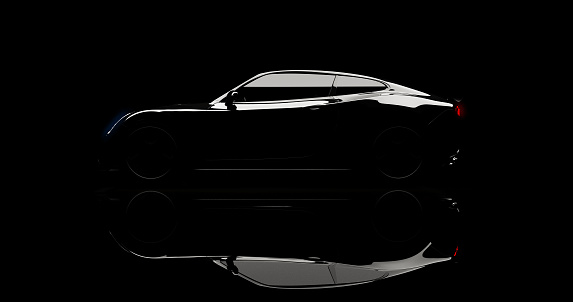 silhouette of black sports car on black background, photorealistic 3d render, generic design, non-branded