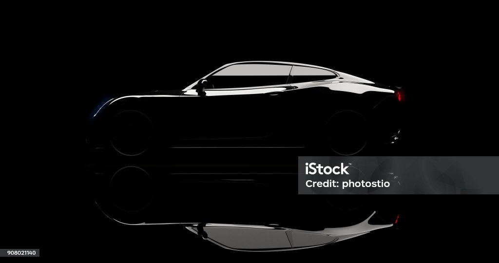 silhouette of black sports car on black silhouette of black sports car on black background, photorealistic 3d render, generic design, non-branded Car Stock Photo