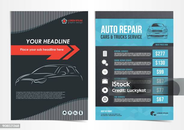 Set Of Auto Repair Cars Trucks Service Layout Templates Brochure Mockup Flyer Vector Illustration Stock Illustration - Download Image Now