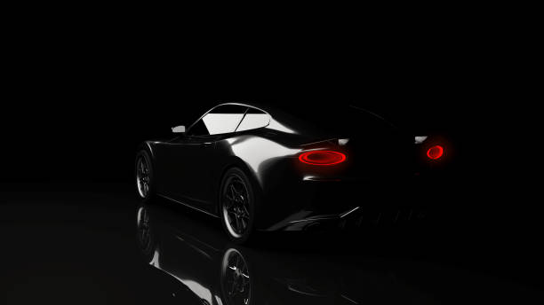 silhouette of black sports car on black silhouette of black sports car on black background, photorealistic 3d render, generic design, non-branded tail light stock pictures, royalty-free photos & images