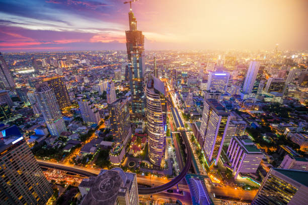 istock Panoramic view Cityscape business district from aerial view high building at dusk (Bangkok, Thailand) 908022246