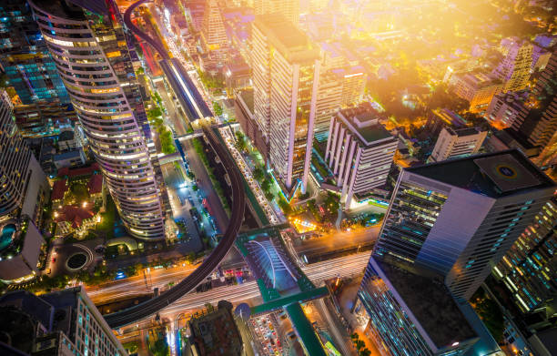 istock Panoramic view Cityscape business district from aerial view high building at dusk (Bangkok, Thailand) 908022342
