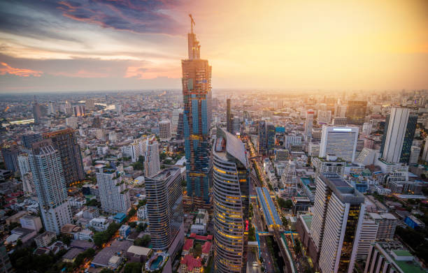 istock Panoramic view Cityscape business district from aerial view high building at dusk (Bangkok, Thailand) 908022678