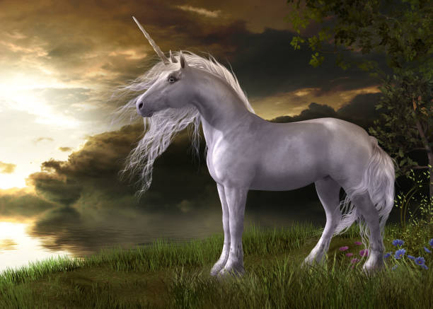 istock Enchanting White Unicorn Watching a Sunset 908022722